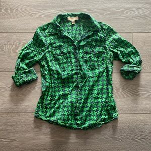 Michael Kors Green Houndstooth Women's Button Down Top size M